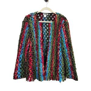 Retro Colorful Crochet Jacket 2X Red Blazer Granny 80s Boho Western Funky Tassel